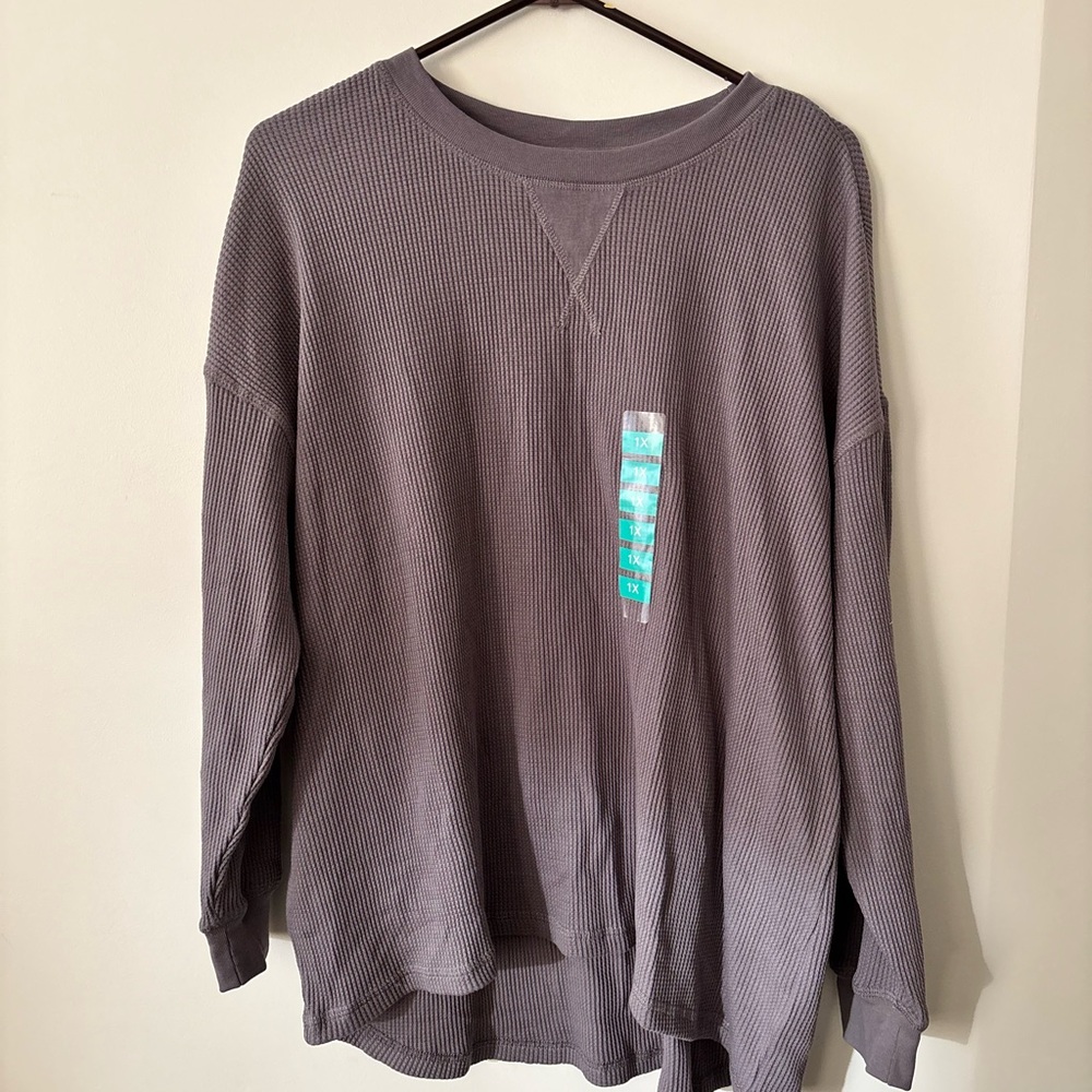Seven7 Waffle knit long sleeve crew top  grey